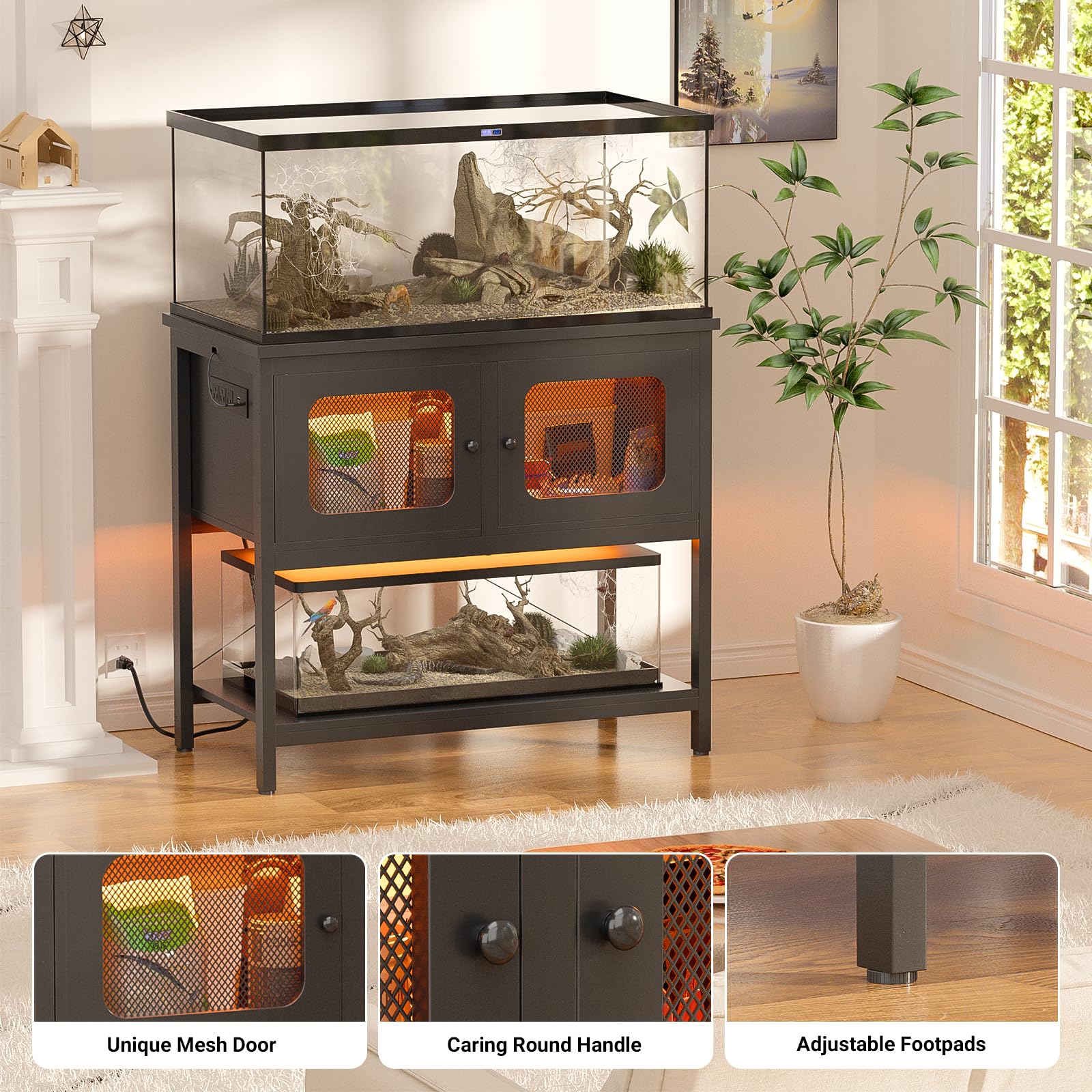 iSunirm 40 Gallon Fish Tank Stand with LED Light and Outlet, Metal Aquarium Stand with Cabinet and Accessories Storage, Reptile Tank Turtle Terrariums Table Stand Hold 880LBS and 2 Aquariums, Black