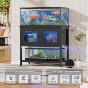 iSunirm 40 Gallon Fish Tank Stand with LED Light and Outlet, Metal Aquarium Stand with Cabinet and Accessories Storage, Reptile Tank Turtle Terrariums Table Stand Hold 880LBS and 2 Aquariums, Black