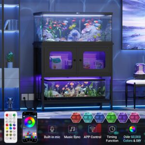 iSunirm 40 Gallon Fish Tank Stand with LED Light and Outlet, Metal Aquarium Stand with Cabinet and Accessories Storage, Reptile Tank Turtle Terrariums Table Stand Hold 880LBS and 2 Aquariums, Black