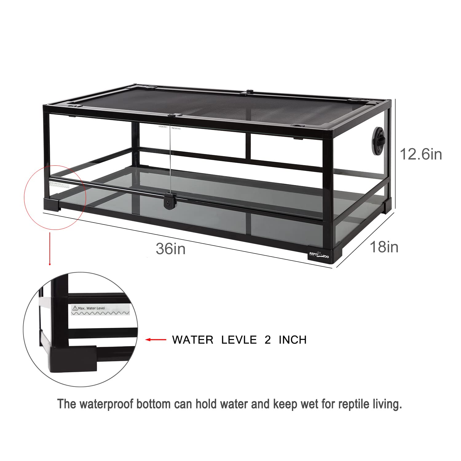 REPTI ZOO Full Glass 35 Gallon Reptile Tank, Front Opening Wide & Low Reptile Terrarium 36" x 18"x 12" for Lizard Gecko Tortoise Snake, Top Screen Ventilation & Anti Escape Lid