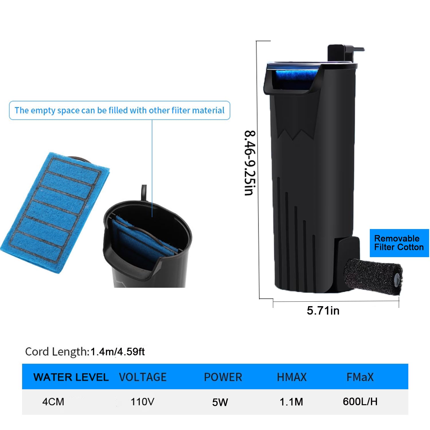 PUEUTU Upgraded Turtle Tank Filter, Aquarium Internal Filter Fish Tank Filter for 5 to 40 Gallon Ultra Silent Fast and Effective filtration Waterfall Filter (Filter)