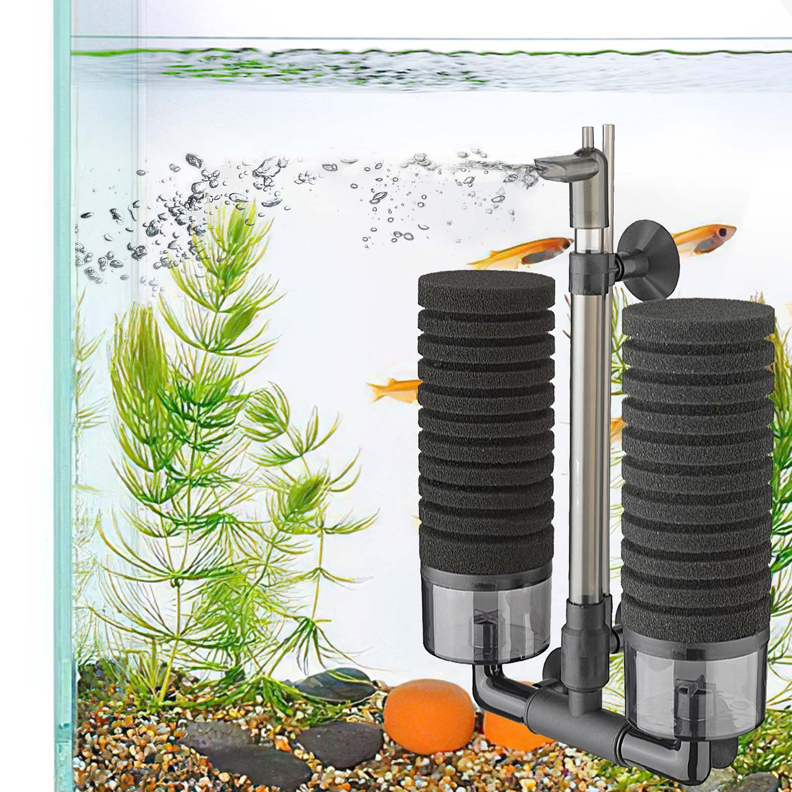 DEGGOX Aquarium Sponge Filter for 10-20 Gallon Fish Tank, Double Sponge with Ceramic Media Ball, for Fry Betta Shrimp Nano Tank,with 2 Spare Sponges and 1.5M Tube （Air pump purchased separately