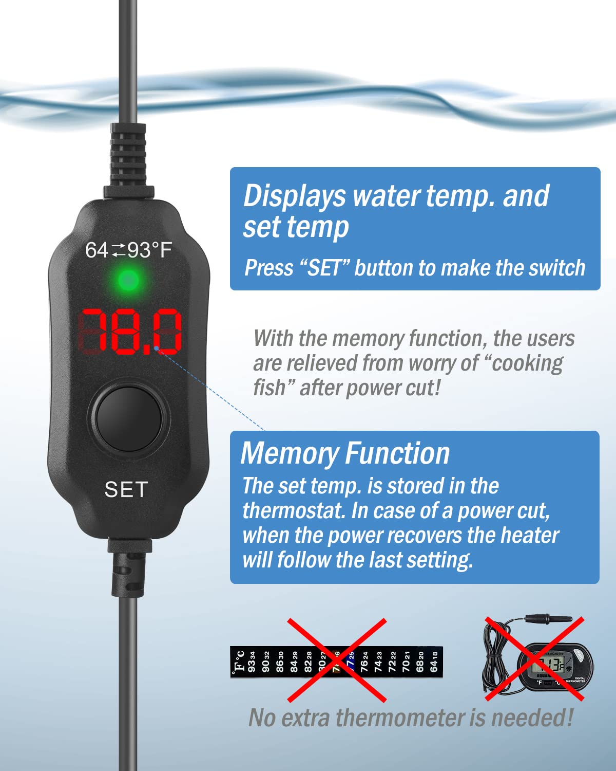 AquaMiracle Adjustable 200W Aquarium Heater Submersible Fish Tank Heater Super Short Aquarium Heater with LED Digital Display Thermostat, for Tanks 20-40 Gallons