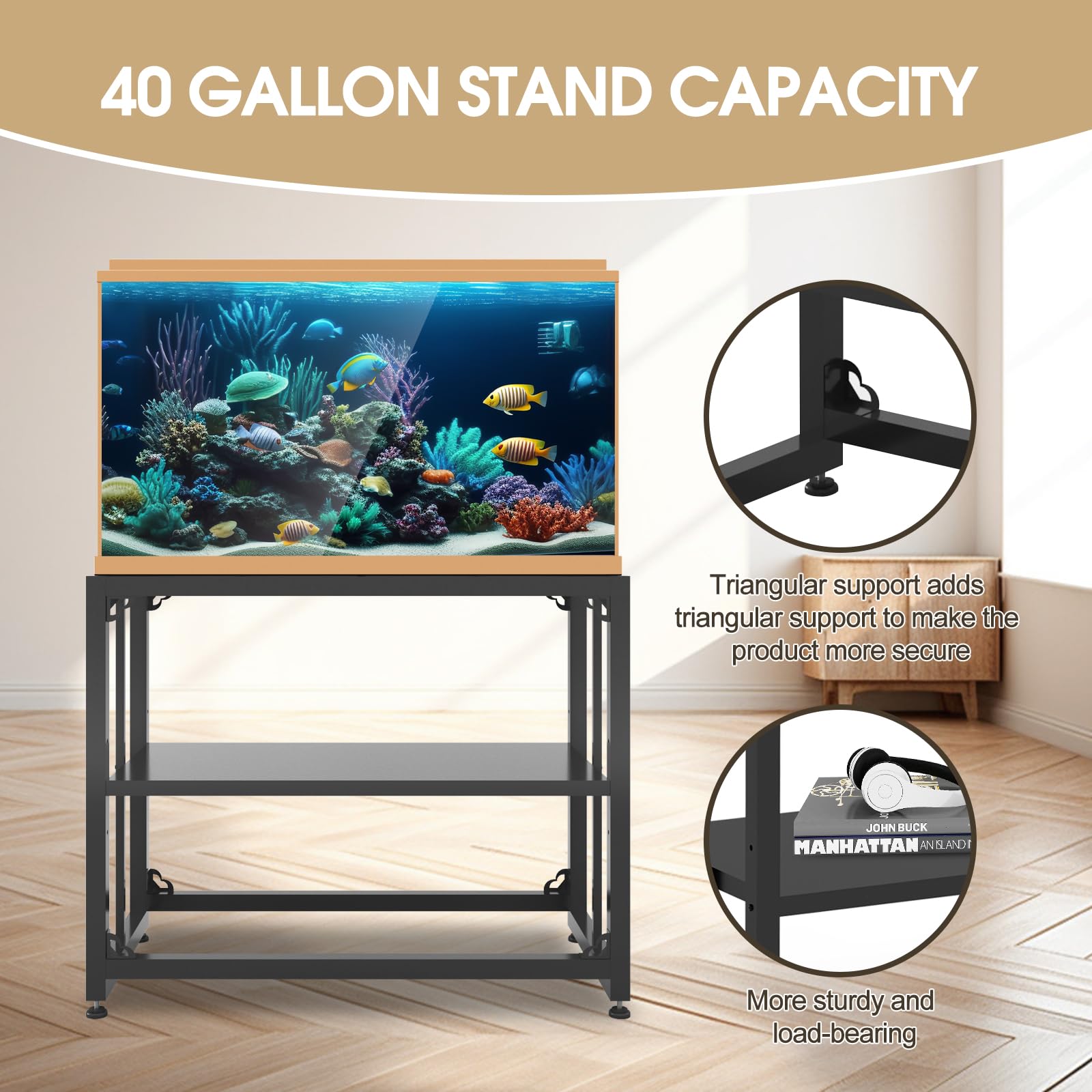 Grehitk Fish Tank Stand, 40 Gallon Aquarium Stand, Metal Aquarium Turtle Tank, Adjustable 2-tier Fish Tank Rack Shelf, Reptile Tank Terrariums Tank Breeder Reptile Tank Stand, Tank not Included