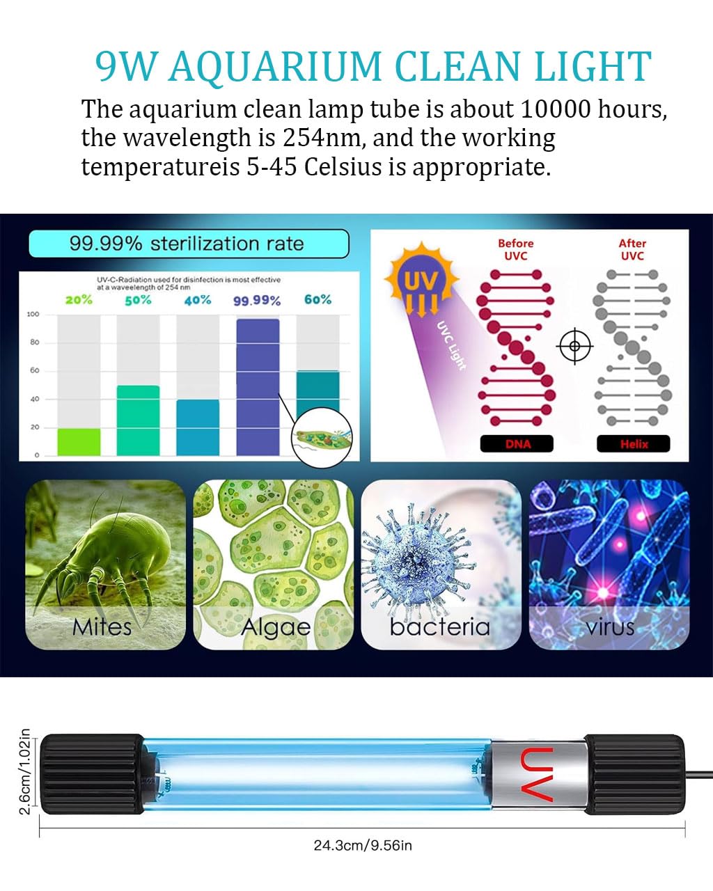 KINGYEENUO Aquarium Clean Light, 9W Submersible Aquarium Light, Fish Tank Clean Light with Timer, Submersible Waterproof Lamp for Filter Tank Sump Swim Pool