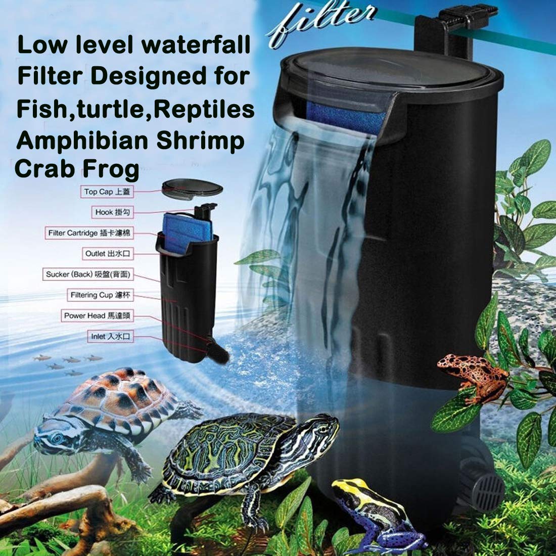 Aquarium Turtle Filter Waterfall Flow Water Clean Pump Bio-Filtration for Reptiles Tank Low Level Waterfall Filter for Small Fish Tank Turtle Tank Shrimp Amphibian Frog Crab (600L/H Aquarium Filter)