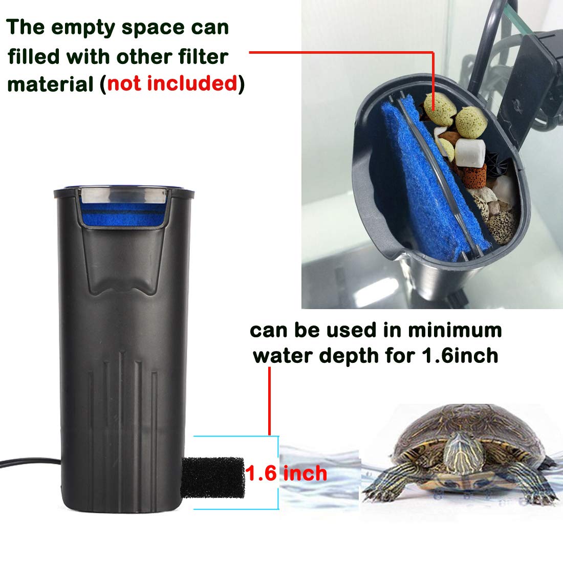 Aquarium Turtle Filter Waterfall Flow Water Clean Pump Bio-Filtration for Reptiles Tank Low Level Waterfall Filter for Small Fish Tank Turtle Tank Shrimp Amphibian Frog Crab (600L/H Aquarium Filter)