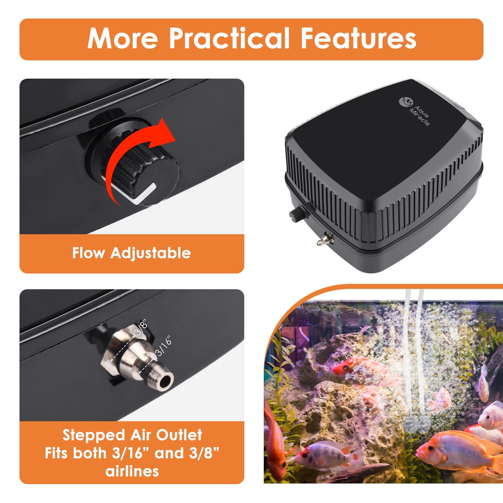 AquaMiracle Aquarium Air Pump 160GPH 0.02MPa 5W Quiet Fish Tank Air Pump Aquarium Bubbler Hydroponics Air Pump Oxygen Pump Pond Aerator for up to 300 Gallon Water