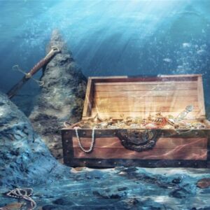 AWERT 24x16 inches Underwater Aquarium Background Opened Treasure Chest with Bright Gold Treasure Box Adventure Water Wealth Pirate Fish Tank Background Vinyl Background