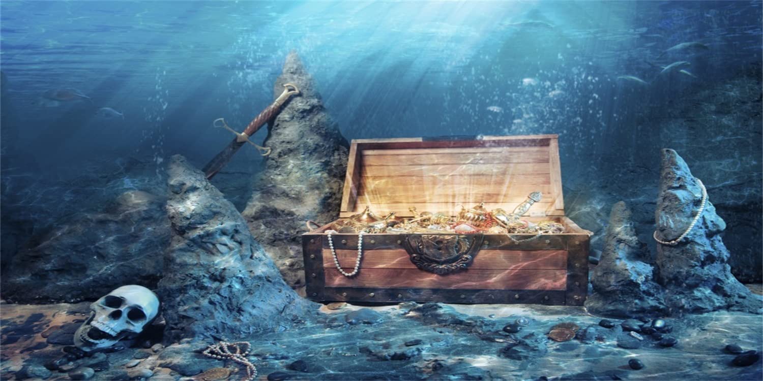 AWERT 24x16 inches Underwater Aquarium Background Opened Treasure Chest with Bright Gold Treasure Box Adventure Water Wealth Pirate Fish Tank Background Vinyl Background