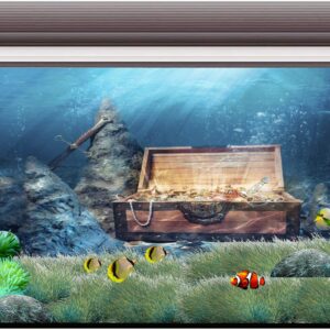 AWERT 24x16 inches Underwater Aquarium Background Opened Treasure Chest with Bright Gold Treasure Box Adventure Water Wealth Pirate Fish Tank Background Vinyl Background