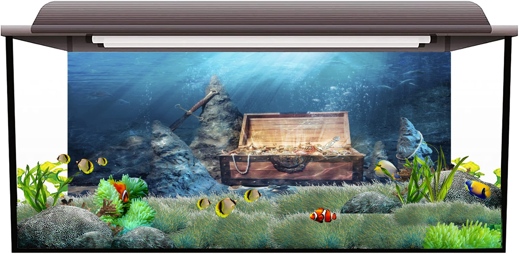 AWERT 24x16 inches Underwater Aquarium Background Opened Treasure Chest with Bright Gold Treasure Box Adventure Water Wealth Pirate Fish Tank Background Vinyl Background