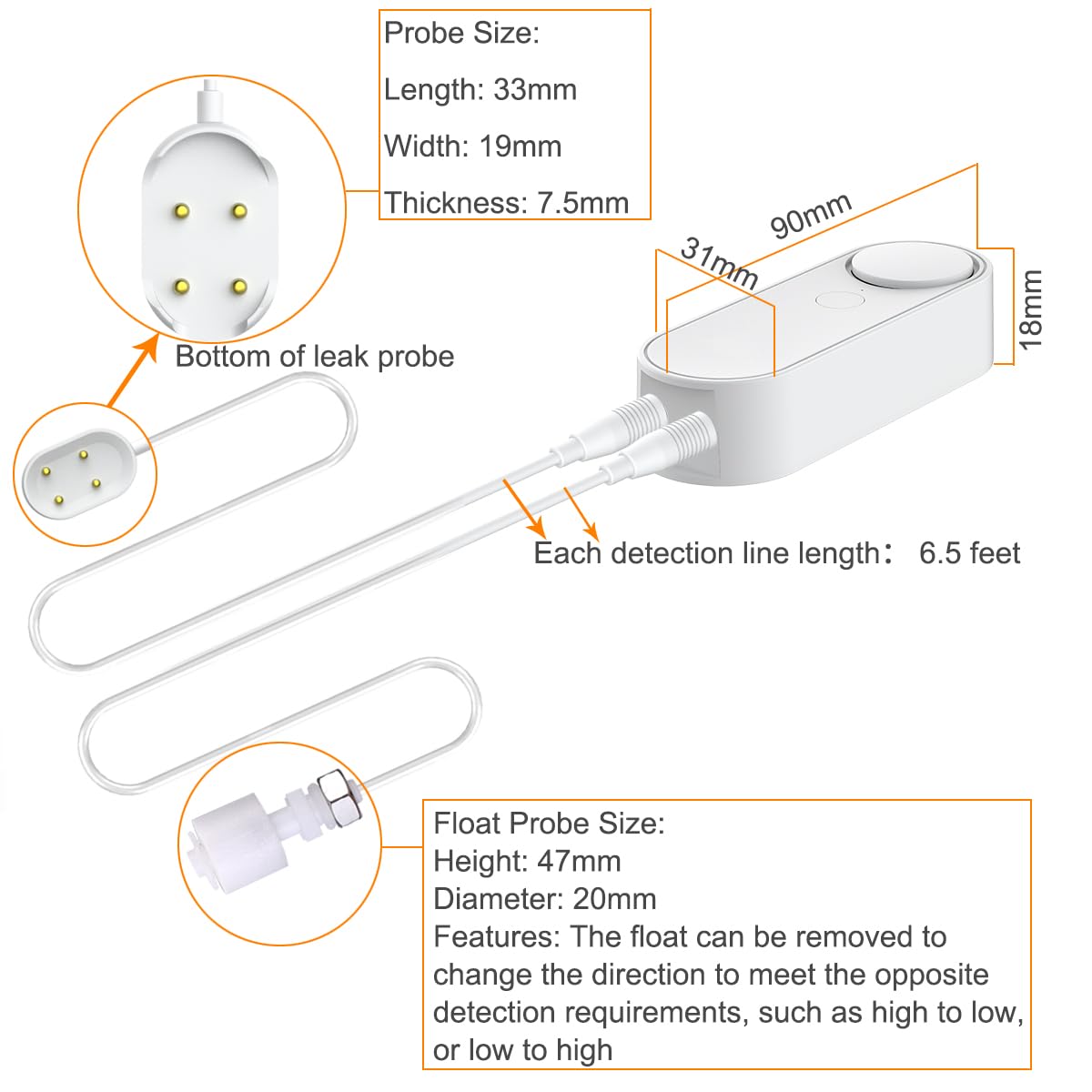 Water Level Detector WiFi, Smart Water Leak Sensor Alarm Kit - High/Low/Leakage Sensor Device, 2 Sensors & 1 Hub, Communication Distance Between Detector and Hub in Open Area is 328 Ft, App Free