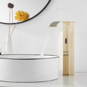 GGStudy Automatic Sensor Polished Gold Touchless Bathroom Vessel Sink Faucet Vanity Faucets Hands Free Waterfall Bathroom Water Tap with Control Box and Temperature Mixer