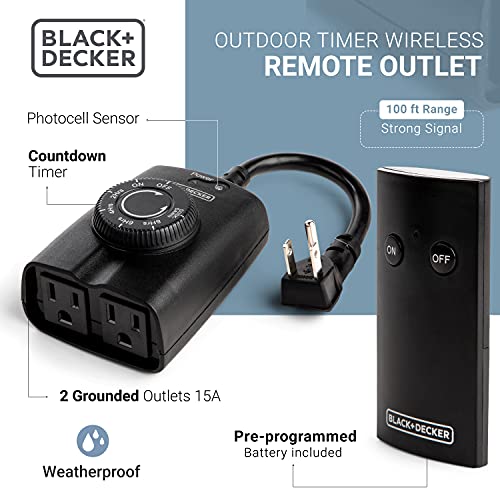 BLACK+DECKER Wireless Outdoor Timer Outlet with Remote, 2 Grounded Outlets, Photocell Sensor