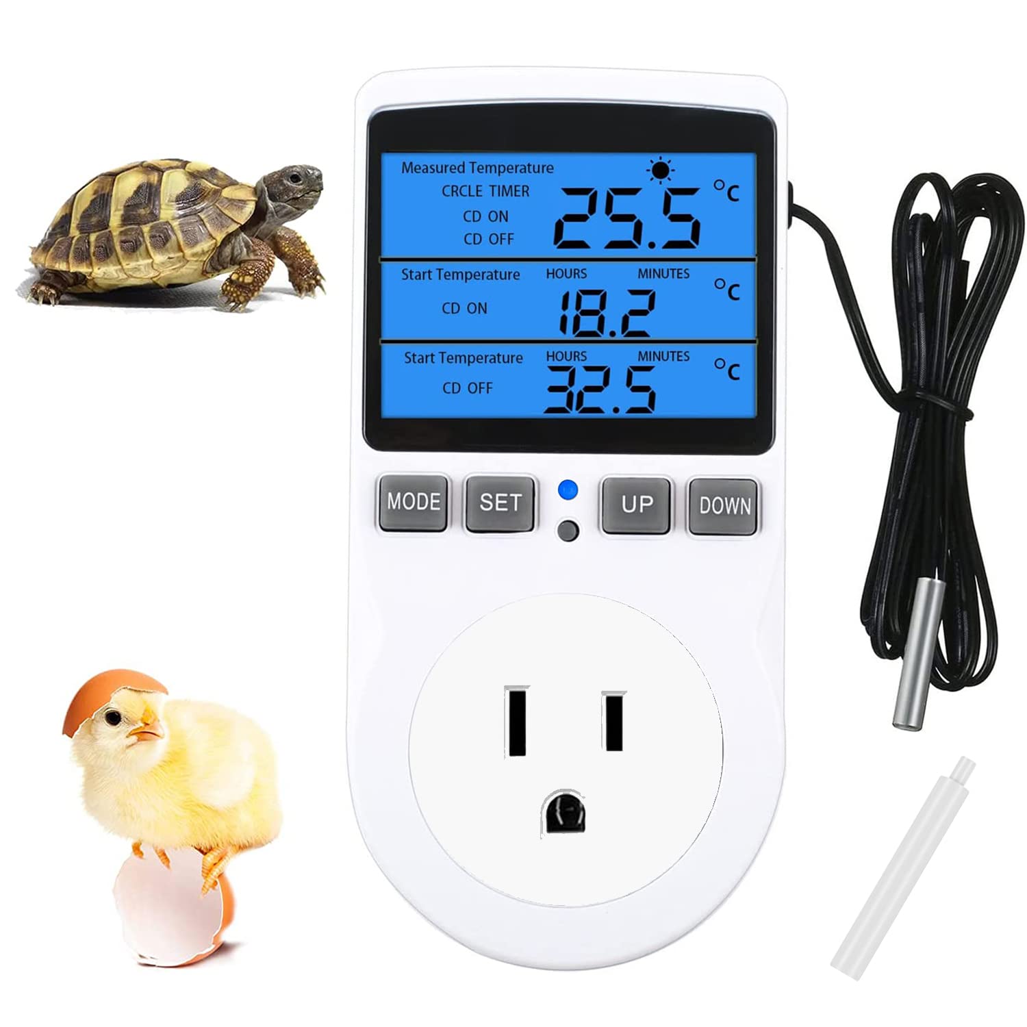 XIEHUZA Backlit Digital Temperature Controller, LCD Screen Heating Cooling Thermostat Outlet Socket with Sensor Timer Regulator for Reptile Incubator Greenhouse Brewing Refrigerator, 110V, 15A, ℉/℃