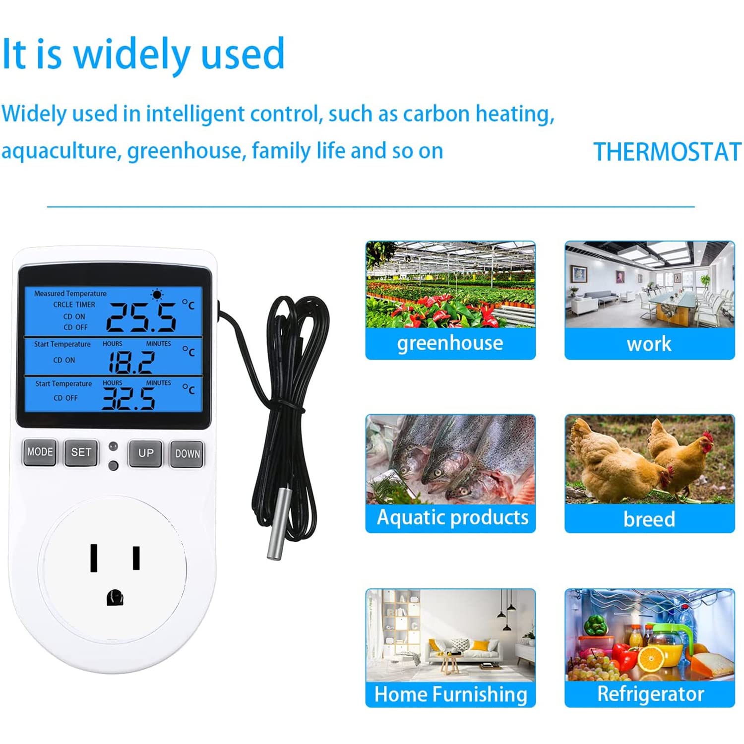 XIEHUZA Backlit Digital Temperature Controller, LCD Screen Heating Cooling Thermostat Outlet Socket with Sensor Timer Regulator for Reptile Incubator Greenhouse Brewing Refrigerator, 110V, 15A, ℉/℃