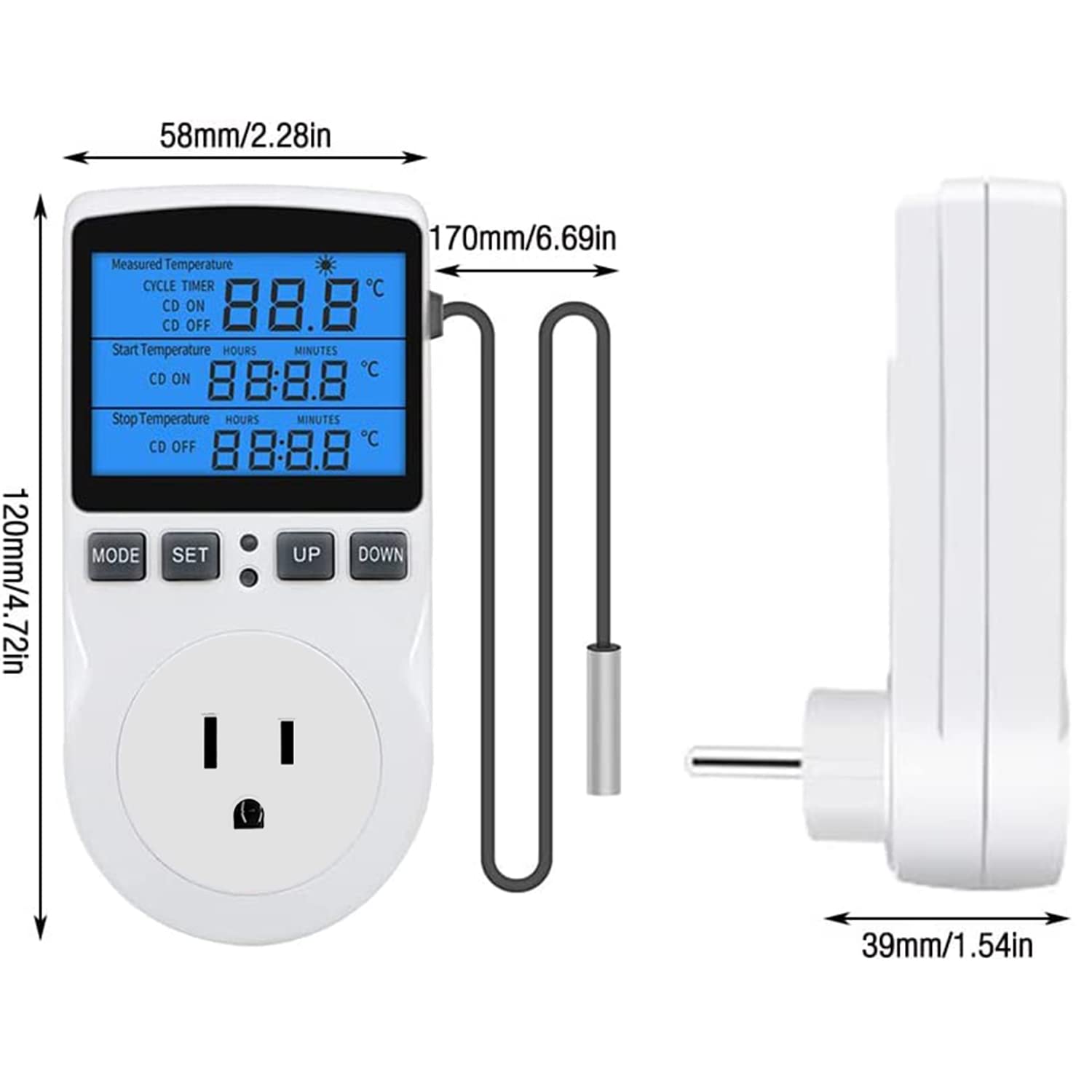 XIEHUZA Backlit Digital Temperature Controller, LCD Screen Heating Cooling Thermostat Outlet Socket with Sensor Timer Regulator for Reptile Incubator Greenhouse Brewing Refrigerator, 110V, 15A, ℉/℃