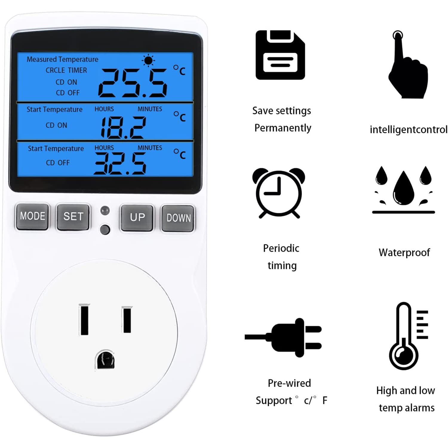 XIEHUZA Backlit Digital Temperature Controller, LCD Screen Heating Cooling Thermostat Outlet Socket with Sensor Timer Regulator for Reptile Incubator Greenhouse Brewing Refrigerator, 110V, 15A, ℉/℃