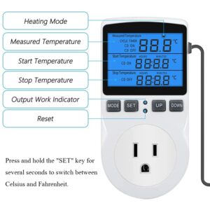 XIEHUZA Backlit Digital Temperature Controller, LCD Screen Heating Cooling Thermostat Outlet Socket with Sensor Timer Regulator for Reptile Incubator Greenhouse Brewing Refrigerator, 110V, 15A, ℉/℃