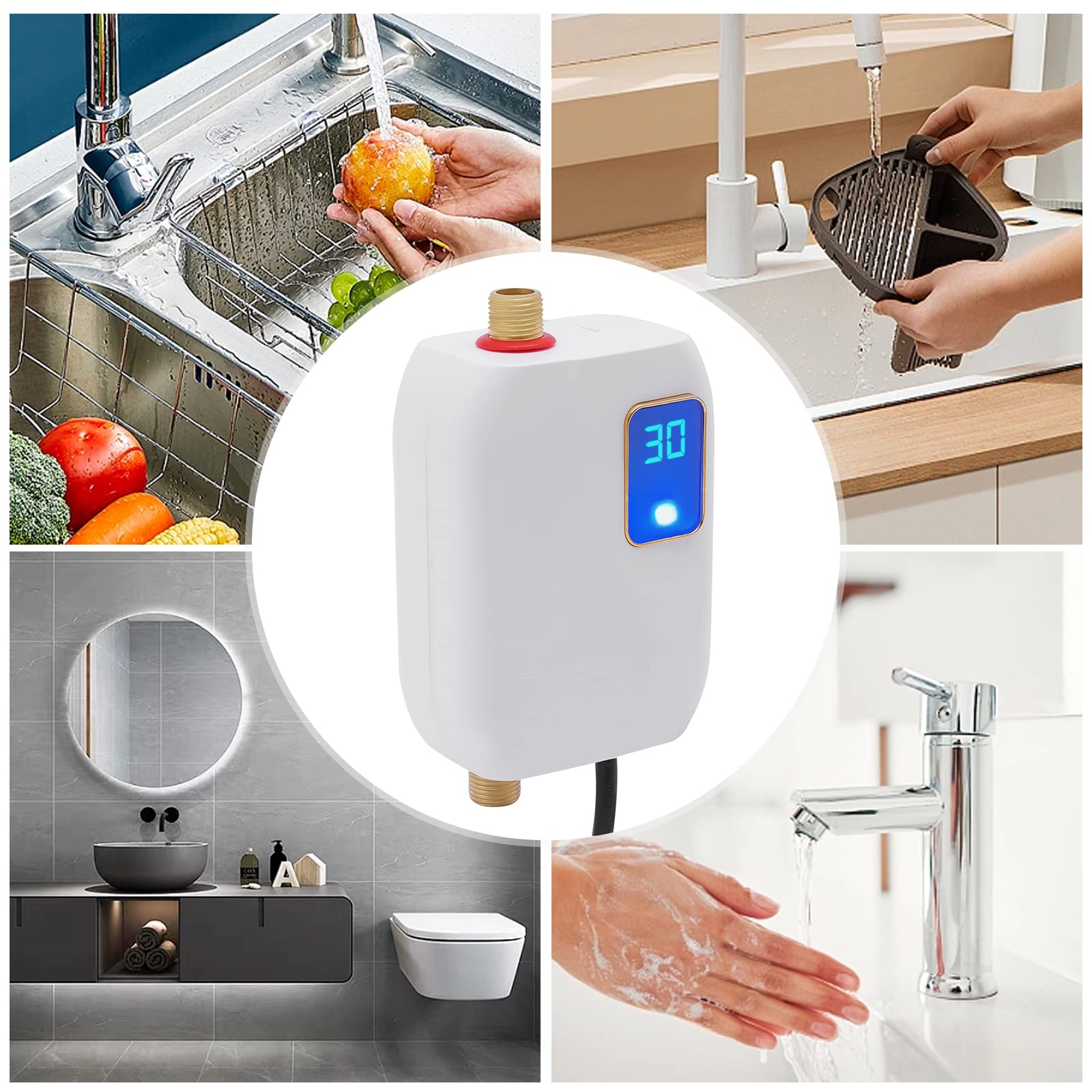 Electric Water Heater-110V Small Instant Hot Water Heater,Under Sink Plug in Tankless Water Heater on Demand with LCD Digital Display for Kitchen Sink Faucet (White)