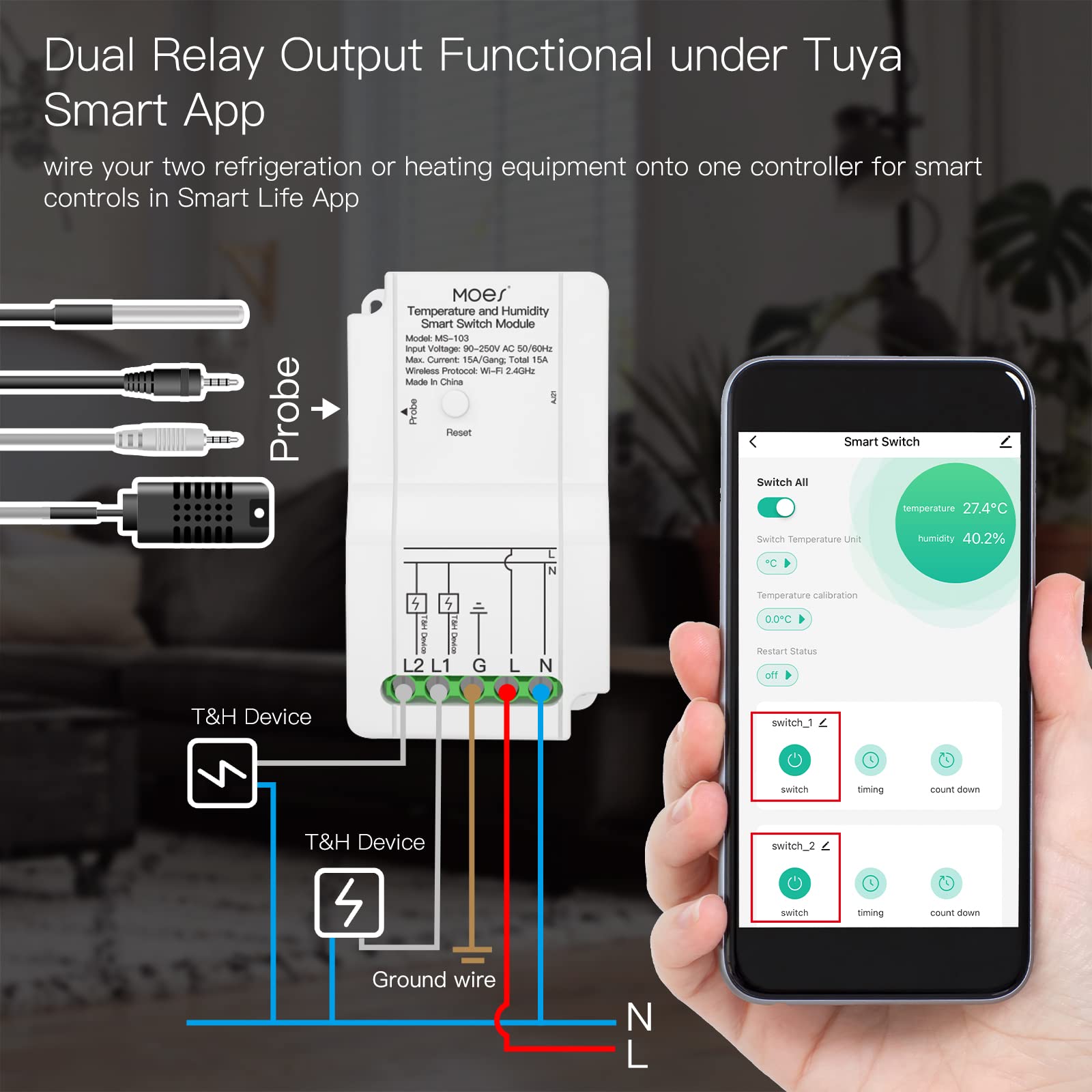 MOES WiFi Smart Temperature Switch Module Sensor with Waterproof Probe, Dual Relay Output Controller, Smart Life Tuya App Remote Control, Programmable Thermostats Kit Works with Alexa Google Assistant