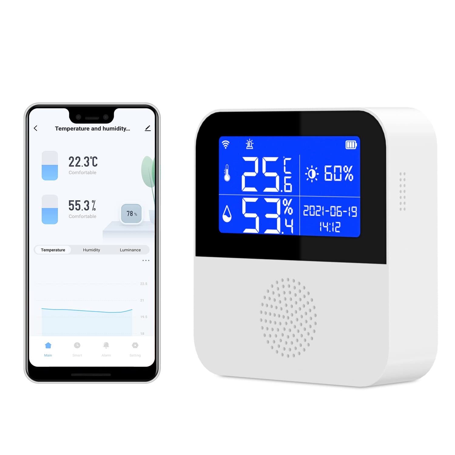 5-in-1 Wi-Fi Smart Temperature and Humidity Meter, 2.9-inch Screen, High-Precision Sensor, APP Control, Brightness Display, Smart Backlight, Temperature Unit Switching, USB Charging