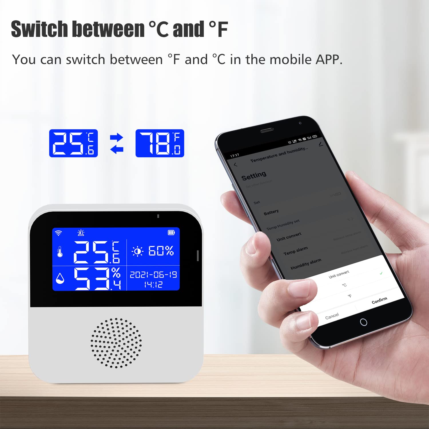 5-in-1 Wi-Fi Smart Temperature and Humidity Meter, 2.9-inch Screen, High-Precision Sensor, APP Control, Brightness Display, Smart Backlight, Temperature Unit Switching, USB Charging