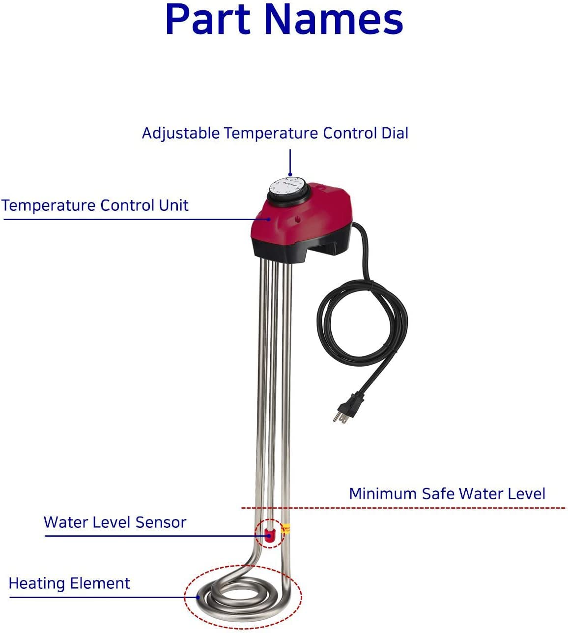 KD 1600W Immersion Bucket Water Heater, Auto Shutoff, Overheating Prevention, Auto Water Level Senor, Adjustable Thermostat, Easy-to-Use (RED / 1600 WATT)