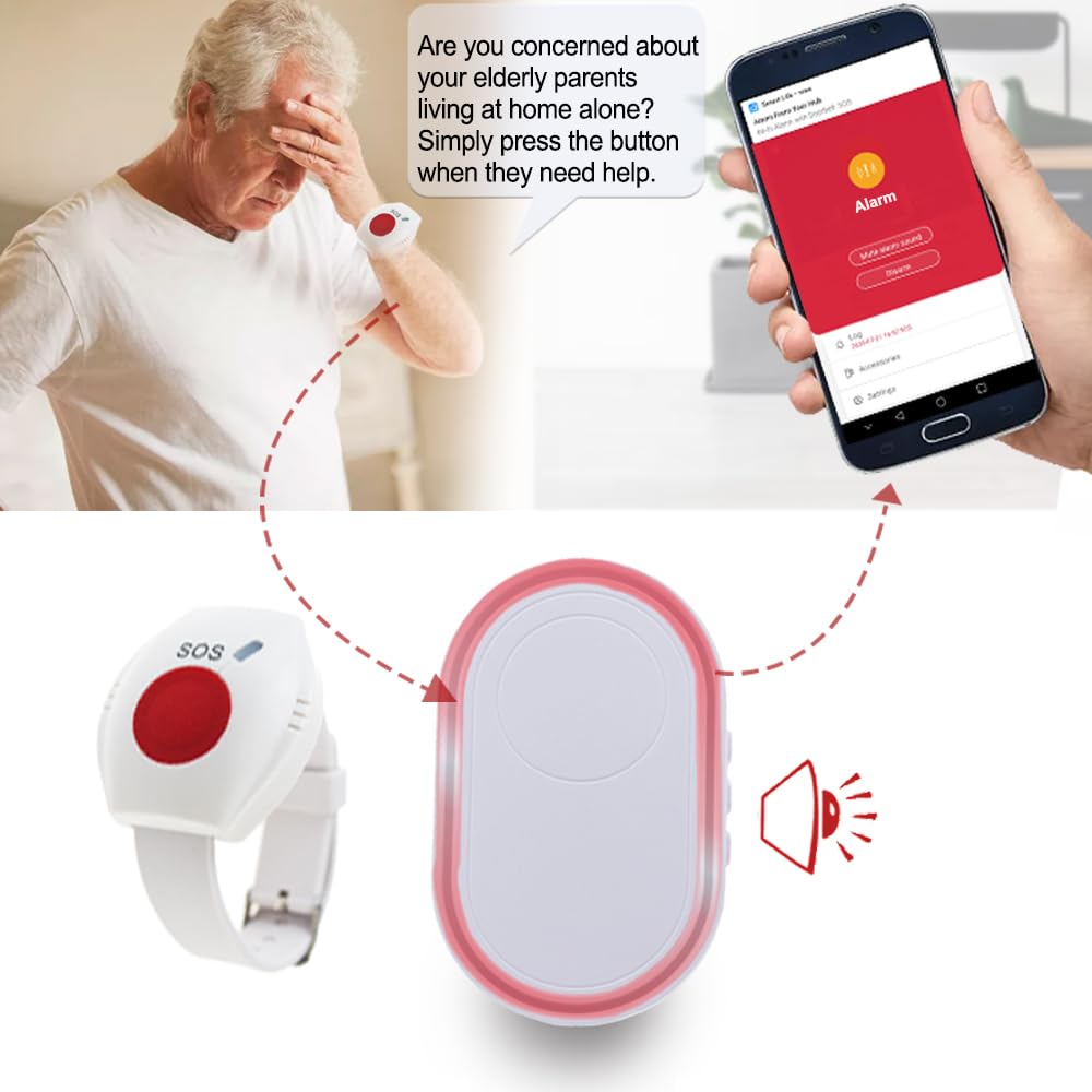 Topvico WiFi Emergency Button for Elderly, Senior Fall Alert Devices, SOS Life Alarm Bracelet Wireless Caregiver Pager, Tuya Smart APP Notification, Remote Call System for Home, 5 Levels Volume