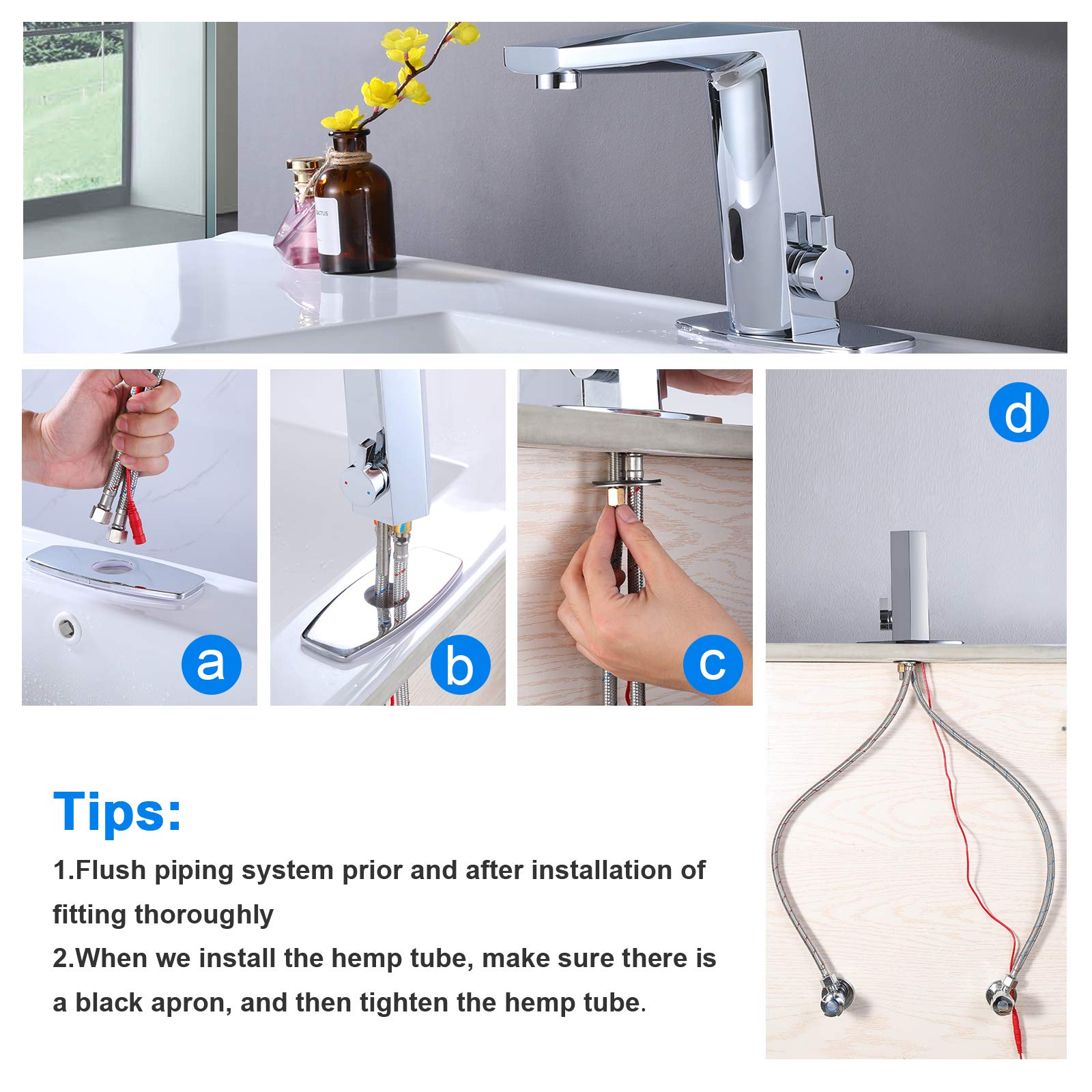 Automatic Sensor Touchless Bathroom Sink Faucet with Hole Cover Plate, Chrome Vanity Faucets, Hands-Free Bathroom Water Tap with Control Box and Temperature Mixer, Easy Installation (Silver)