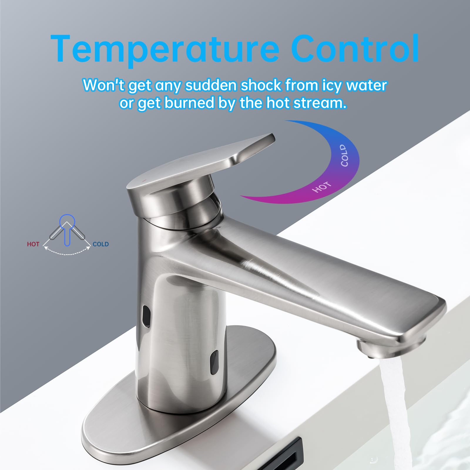 GOESMO Bathroom Faucet with Built-in Soap Dispenser, Single-Handle Adjustable Hot & Cold Water Temperature, Short & Long Sensor Modes, Touchless Automatic Basin Sensor Faucet Sink 1 or 3 Hole 29101/BN