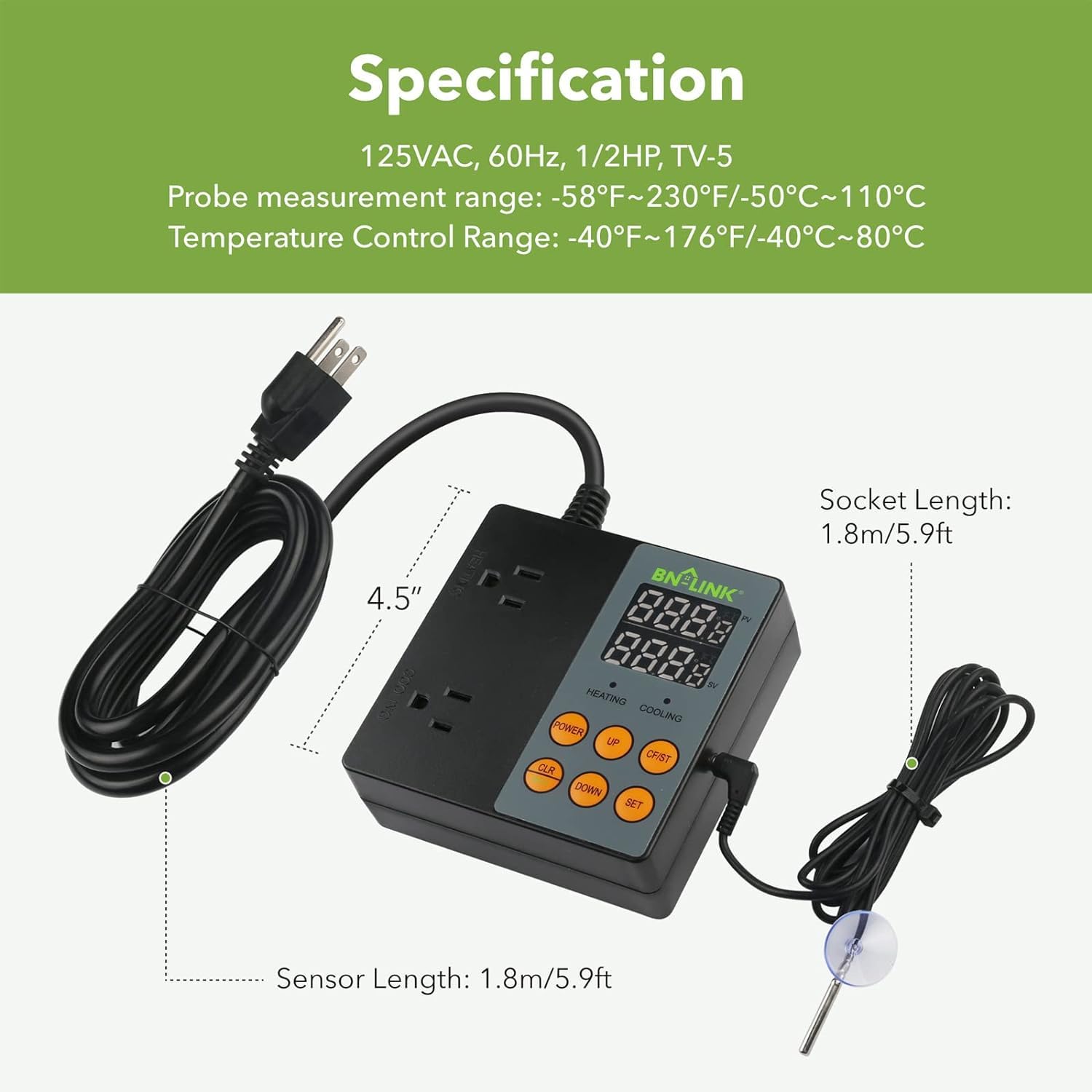 BN-LINK Digital Temperature Controller Heating Cooling 2-Stage Outlet Thermostat Controller Plug for Reptiles Aquarium Carboy Homebrew Breeding Fermenter Seed Germination °C/°F -40-176°F 15A/1875W