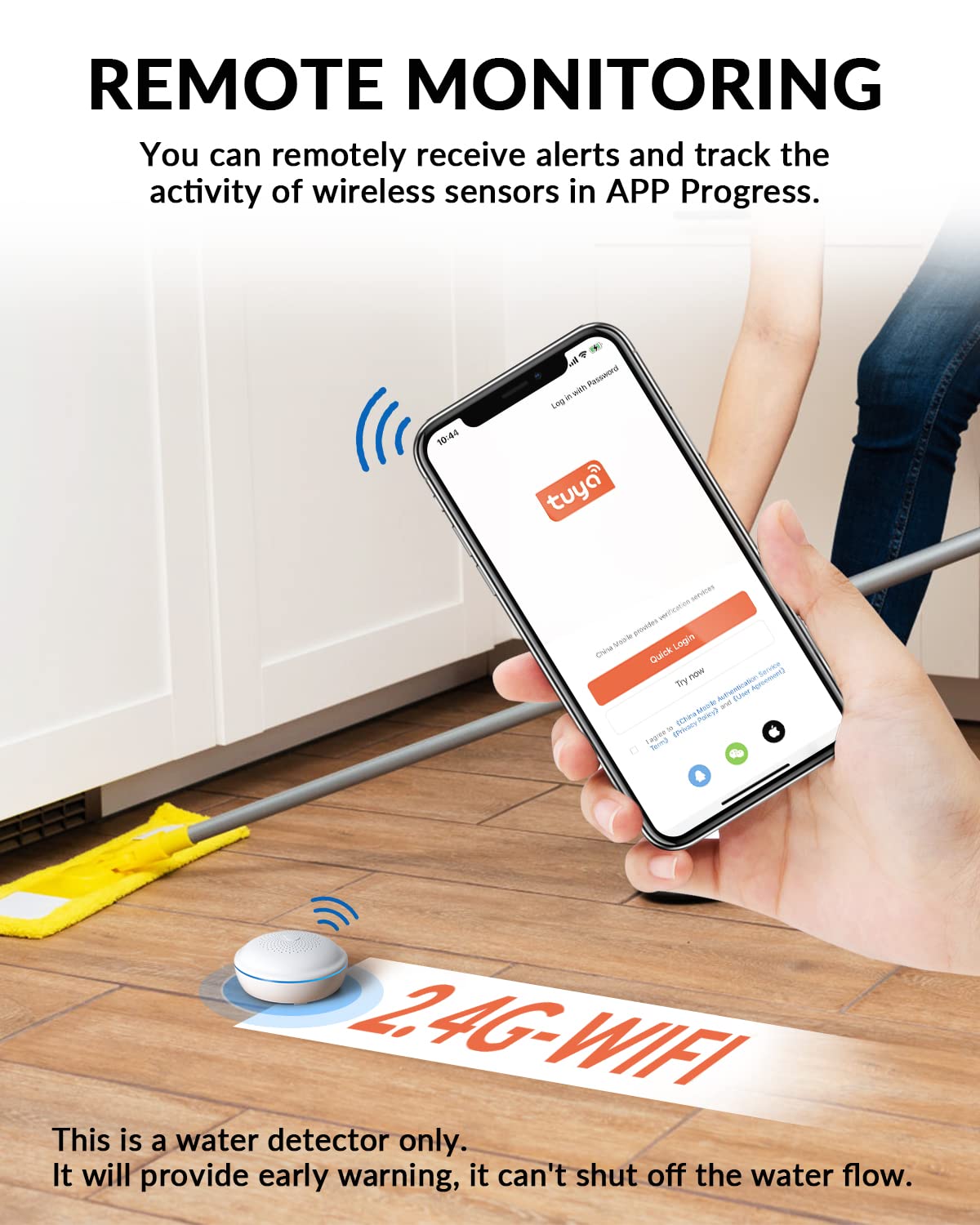 Ecoey Water Leak Detector (2.4G) , Water Sensor Alarm, Smart WiFi, Low Battery Warning, APP Alerts, Continuous Monitoring for Basement, Home,Battery Operated, 1 Pack