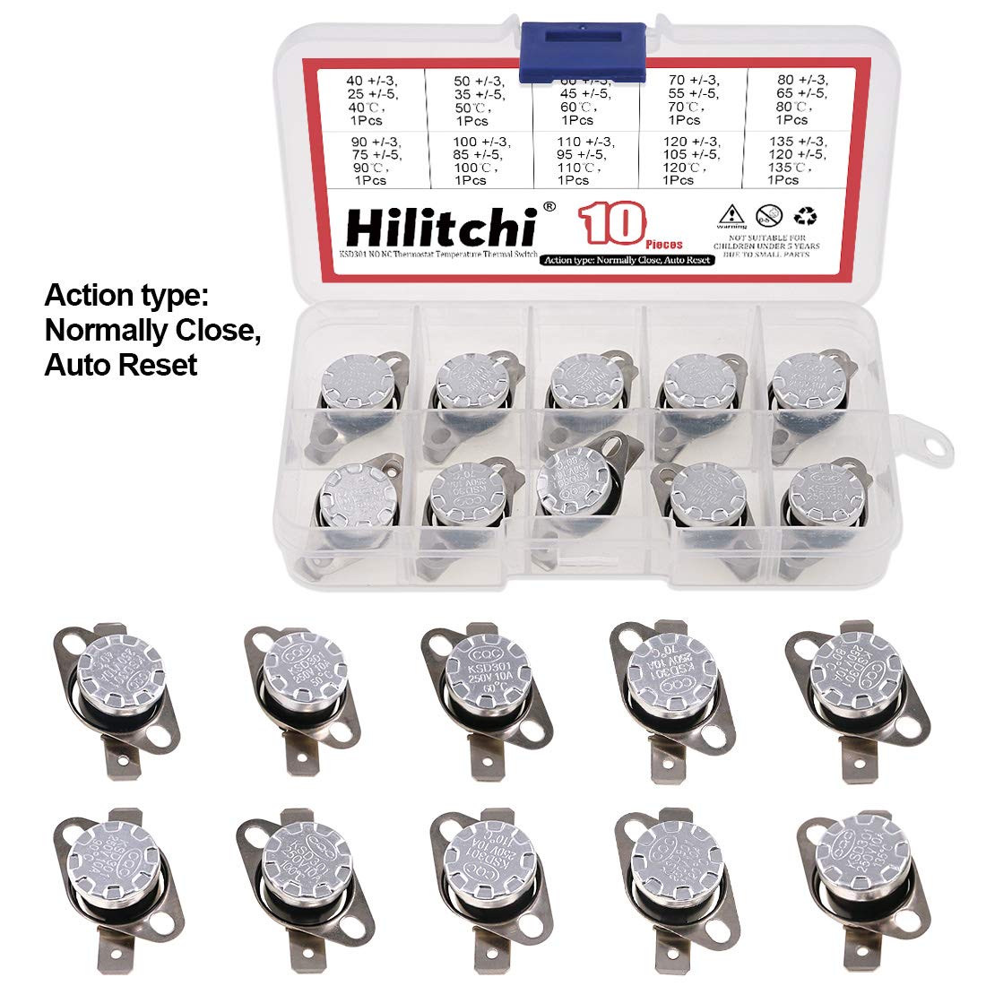 Hilitchi KSD301 20Pcs NO and NC Thermostat Temperature Thermal Control Switch Auto Reset 40C to 135C Thermal Control Switch Assortment Kit with Bimetal Disc. for Household Electric Appliances