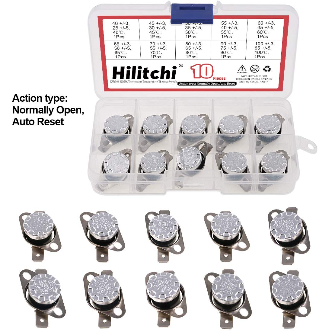 Hilitchi KSD301 20Pcs NO and NC Thermostat Temperature Thermal Control Switch Auto Reset 40C to 135C Thermal Control Switch Assortment Kit with Bimetal Disc. for Household Electric Appliances