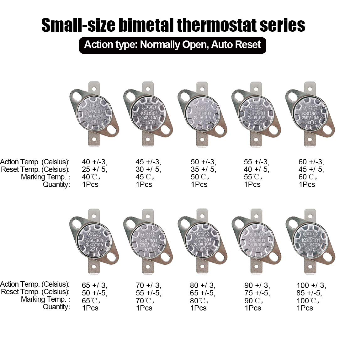 Hilitchi KSD301 20Pcs NO and NC Thermostat Temperature Thermal Control Switch Auto Reset 40C to 135C Thermal Control Switch Assortment Kit with Bimetal Disc. for Household Electric Appliances