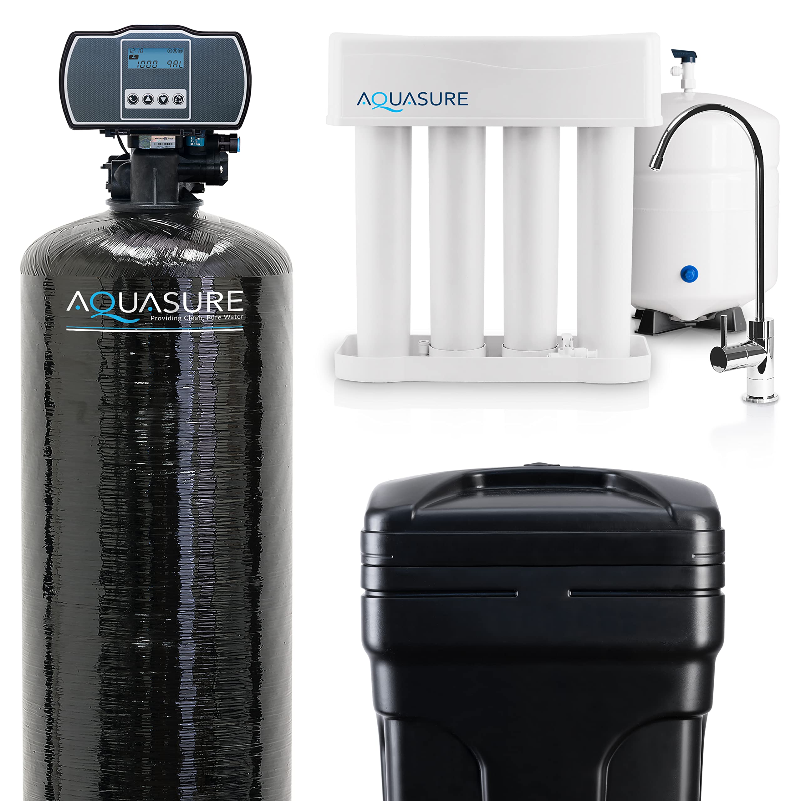 Aquasure 64,000 Grains Whole House Water Filter Bundle with Automatic Digital Metered Control Softener and 75 GPD RO Reverse Osmosis Drinking System | Removes Hardness | Ideal for 4-6+ bathrooms