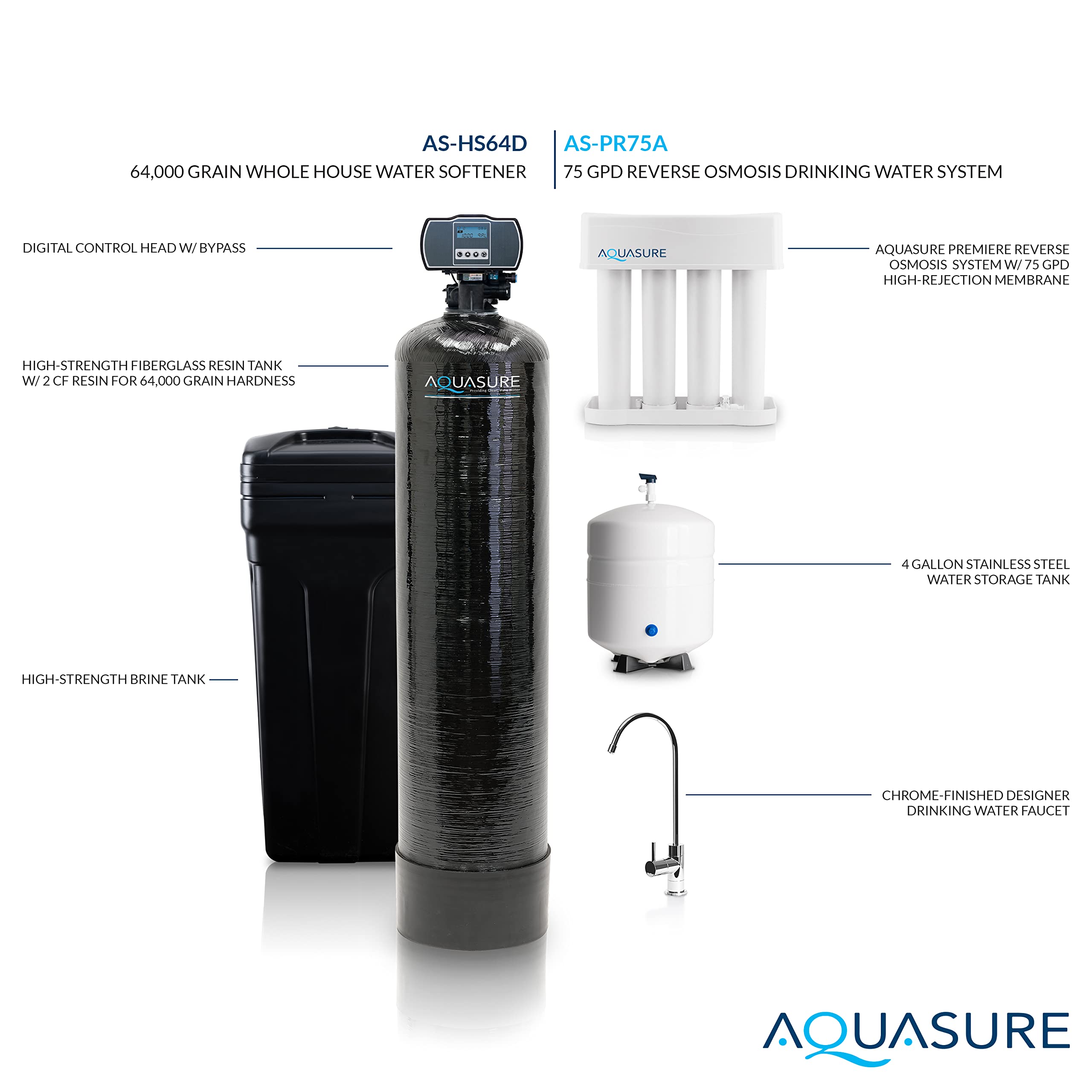 Aquasure 64,000 Grains Whole House Water Filter Bundle with Automatic Digital Metered Control Softener and 75 GPD RO Reverse Osmosis Drinking System | Removes Hardness | Ideal for 4-6+ bathrooms