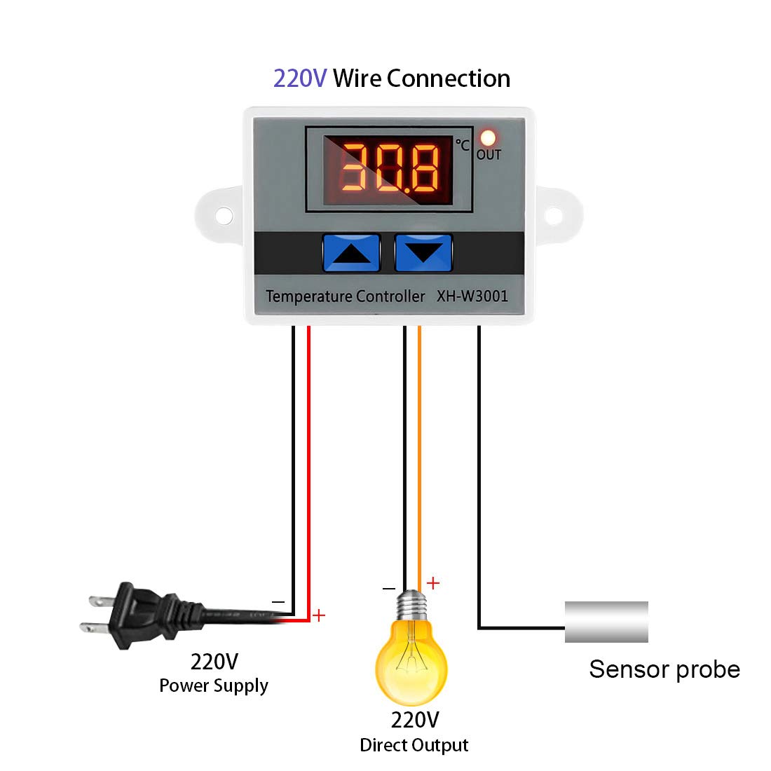 XH-W3001 Mini Thermostat Switch with Waterproof Sensor Probe Digital LED Temperature Controller Module Programmable -50 to 110 Degree Heating Cooling Thermostat(220V)