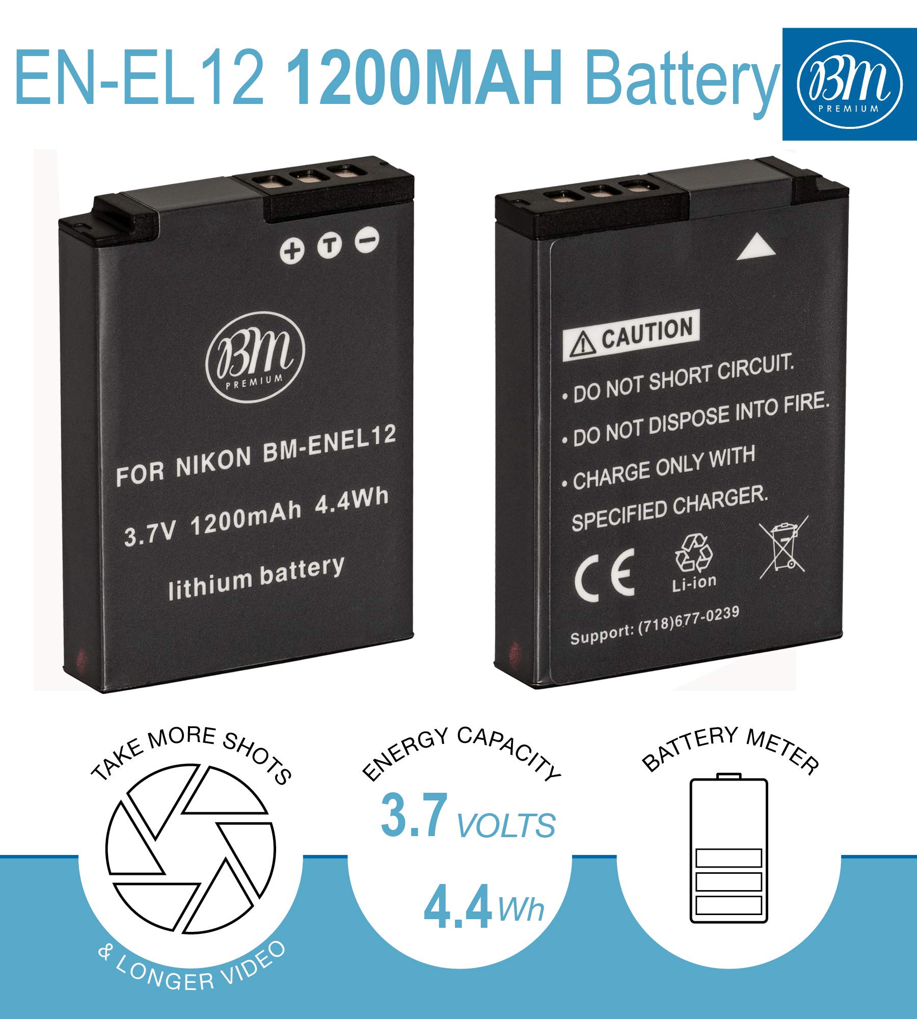 BM EN-EL12 Battery for Nikon Coolpix A1000, B600, W300, A900, AW100, AW110, AW120, AW130, S6300, S8100, S8200, S9050, S9200, S9300, S9400, S9500, S9700, S9900, P310, P330, P340, KeyMission 170, 360