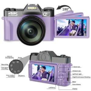 Digital Camera for Photography, 4K 48MP Vlogging Camera for YouTube with WiFi, 3-inch 180-degree Flip Screen, 16X Digital Zoom, 52mm Wide Angle & Macro Lens, 32GB TF Card and 2 Batteries(Purple)