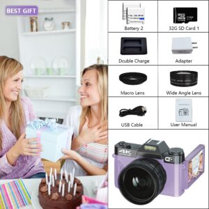 Digital Camera for Photography, 4K 48MP Vlogging Camera for YouTube with WiFi, 3-inch 180-degree Flip Screen, 16X Digital Zoom, 52mm Wide Angle & Macro Lens, 32GB TF Card and 2 Batteries(Purple)