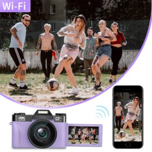 Digital Camera for Photography, 4K 48MP Vlogging Camera for YouTube with WiFi, 3-inch 180-degree Flip Screen, 16X Digital Zoom, 52mm Wide Angle & Macro Lens, 32GB TF Card and 2 Batteries(Purple)