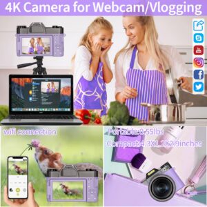 Digital Camera for Photography, 4K 48MP Vlogging Camera for YouTube with WiFi, 3-inch 180-degree Flip Screen, 16X Digital Zoom, 52mm Wide Angle & Macro Lens, 32GB TF Card and 2 Batteries(Purple)