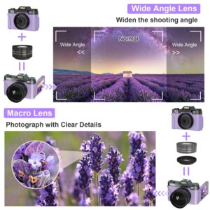 Digital Camera for Photography, 4K 48MP Vlogging Camera for YouTube with WiFi, 3-inch 180-degree Flip Screen, 16X Digital Zoom, 52mm Wide Angle & Macro Lens, 32GB TF Card and 2 Batteries(Purple)