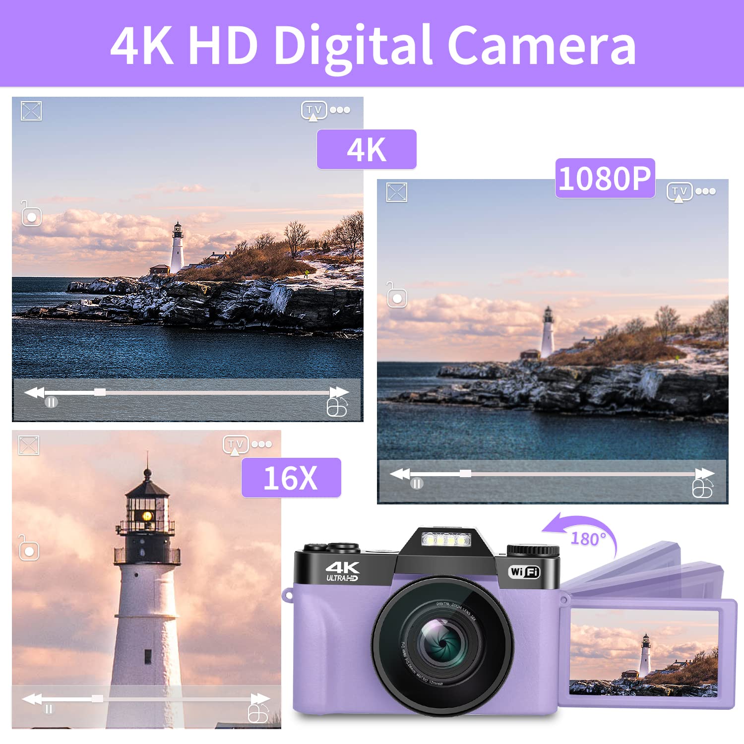 Digital Camera for Photography, 4K 48MP Vlogging Camera for YouTube with WiFi, 3-inch 180-degree Flip Screen, 16X Digital Zoom, 52mm Wide Angle & Macro Lens, 32GB TF Card and 2 Batteries(Purple)