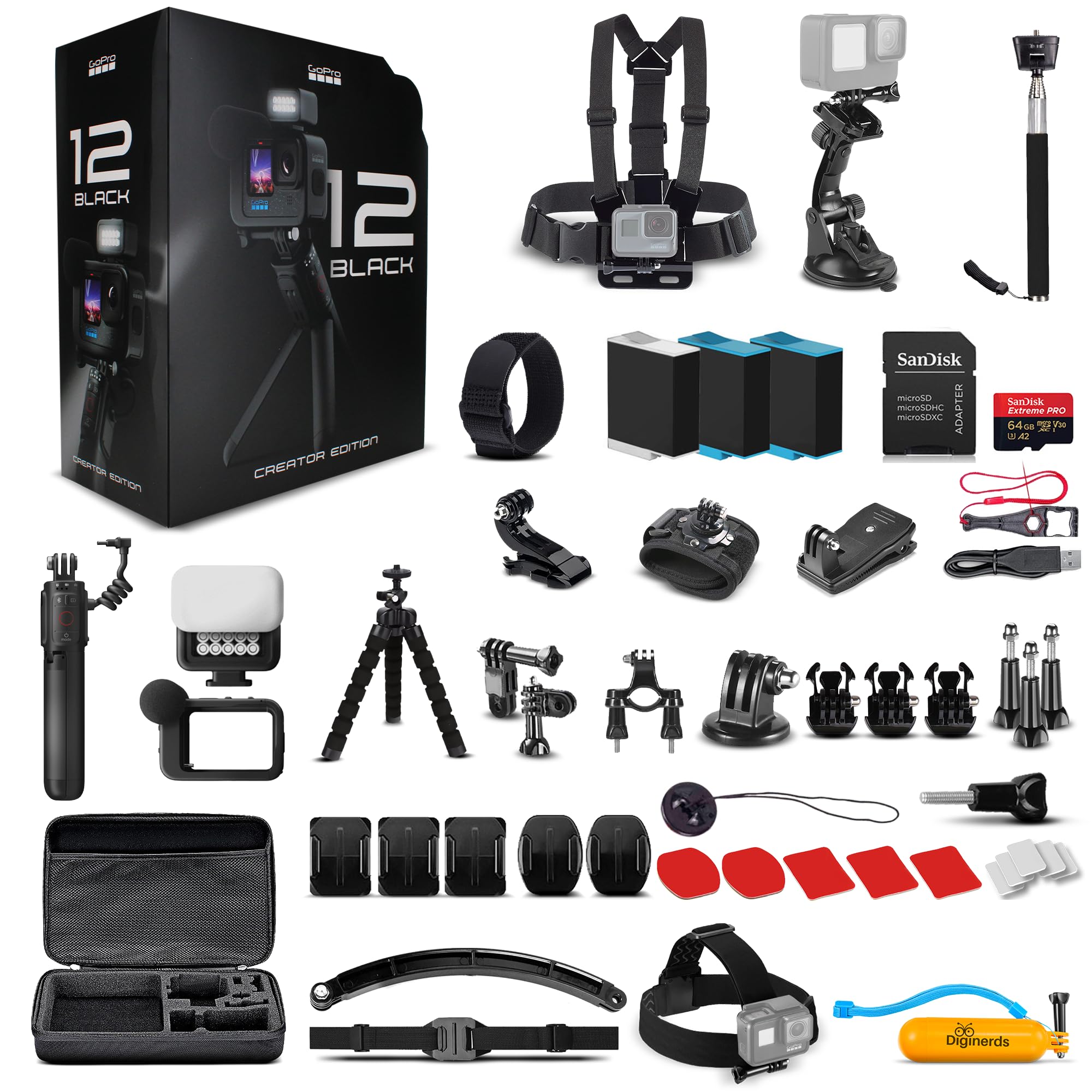 GoPro HERO12 Black Creator Edition - includes Volta (Battery Grip, Tripod, Remote), Media Mod, Light Mod, Waterproof Action Camera + 64GB Card, 50 Piece Accessory Kit and 2 Extra Batteries