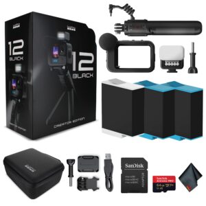 go pro hero12 black creator edition - includes volta (battery grip, tripod, remote), media mod, light mod, enduro battery - waterproof action camera + 64gb extreme pro card and 2 extra batteries