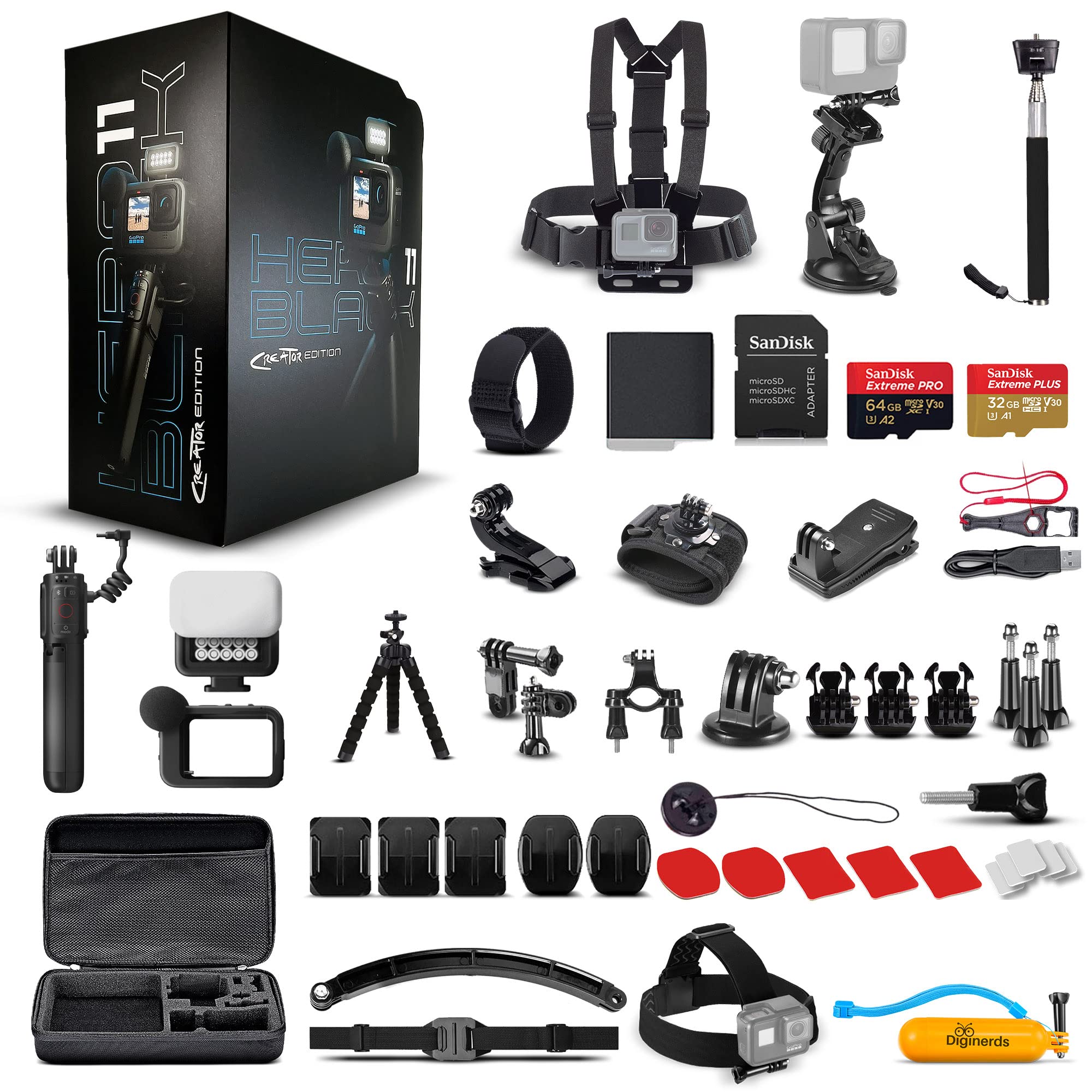 GoPro HERO11 Black Creator Edition - includes Volta (Battery Grip, Tripod, Remote), Media Mod, Light Mod, Enduro Battery - Waterproof Action Camera + 64GB Card & 50 Piece Accessory Kit - Bundle